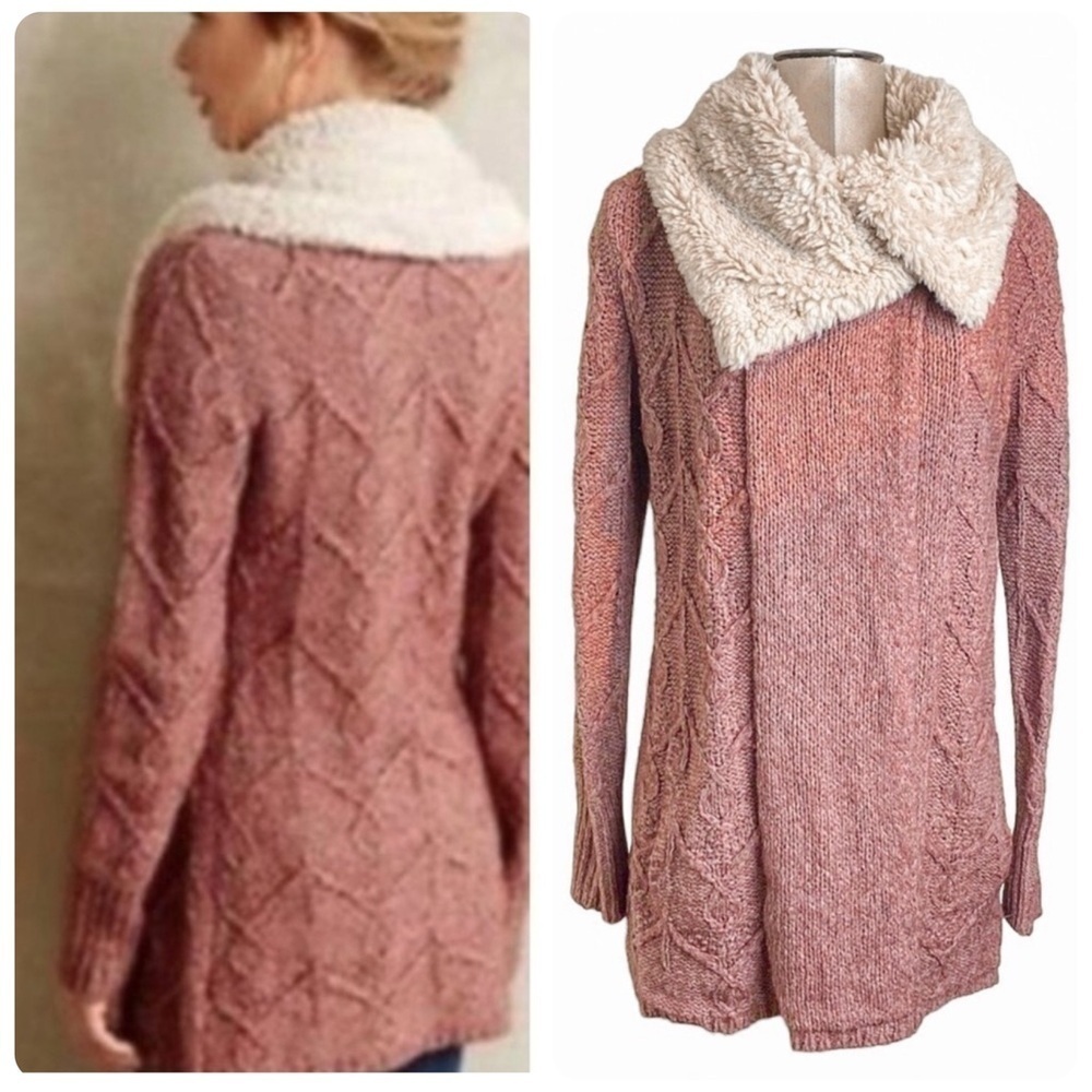 Anthro Sleeping on Snow Bondurant Sherpa Cardigan Rose Pink Medium